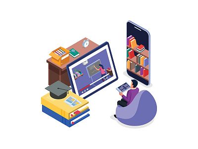 E-Learning activity illustration concept branding creative design dribbble homepage illustration isometric live network streaming streaming app student support teaching technology ui video video call watching website
