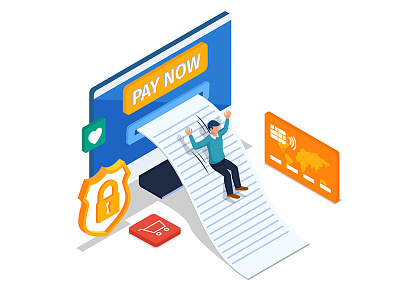 Happy male do secure online payment with computer. app character computer concept creative customer design dribbble elements illustration isometric online online payment online shop payment payment method playful secure ui vector