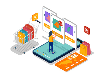 Online shopping with product list illustration concept. artwork assets cart character combination creative customer design element illustration isometric landing page marketing online shopping online store people product ui vector