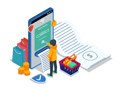Secure payment illustration concept with isometric character app artwork asset character creative dribbble ecommerce element illustration interface isometric mobile online shop payment secure shop ui vector web website