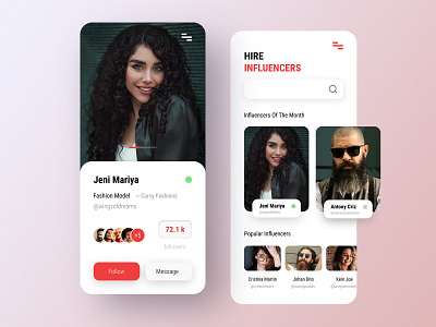 Hire Influencers app app concepsts fashionmodels graphic design hire home influencer influencers instagram marketing minimal design public figures social figures socialmedia top rated trending ui uiux uiux design ux