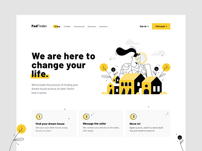 PadFinder art black bold clean header illustration landing layout modern navigation property real estate search sign up swiss type typography ux website yellow