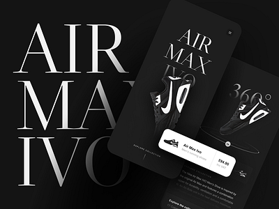 Air Max Ivo app black and white card checkout clean dark depth ecommerce grid icons illustration interaction minimal mobile nike nike shoes shadows shopping simple website