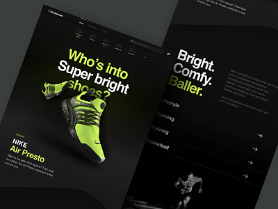 Shoescape - Really Bright Shoes agency black branding card clean dark ui depth ecommence green homepage illustration landing page layout nike product shadow shoes typography website yellow