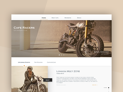 Café Racers article home page motorbikes retro ui web design