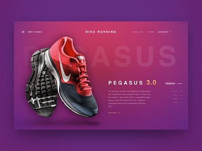 Nike Pegasus 3.0 card colour ecommerce navigation nike pegasus product shoes ui web