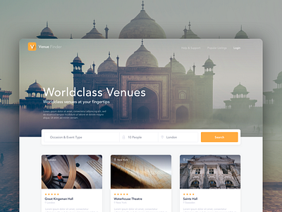 Venue Finder booking cards homepage search shadow ui venue website