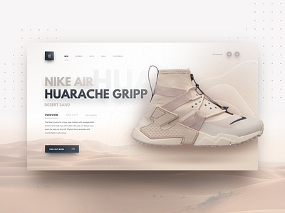 Nike Air Huarache Gripp app branding card depth ecommerce header landing page logo minimal nike product purchase sand shadow shoe simple typography website