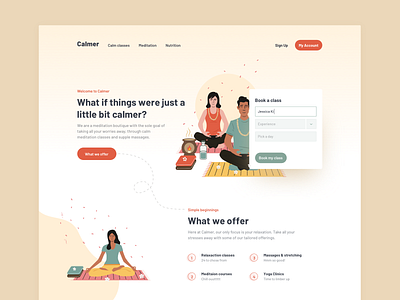 Calmer calm card clean courses depth education fitness form illustration landing layout meditation peaceful relax simple typography web design website workout yoga