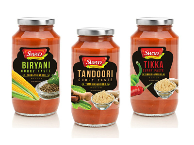 Label design for Swad distinctly different branding classic cooking corn curry design food ginger jar label label design labels literal paprika paste photoshop vegetables