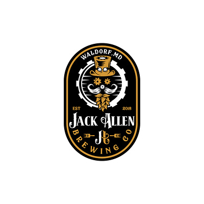 Jack Allen alcohol barley beer brewing brewing company concept design flat gear hat hop icon illustration label label design logo logo design monogram moustache steampunk