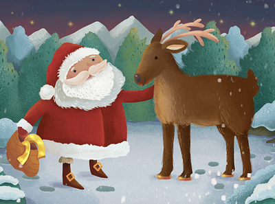 Deer with Santa Claus children book illustration digital illustration