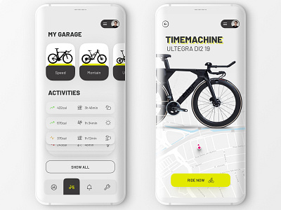 Bike app concept bike card clean design interection interface map minimal mobile ui uiux