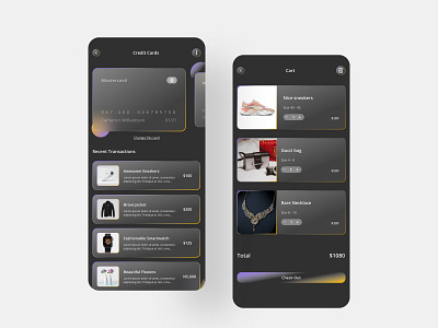 E-commerce App credit card and cart screens