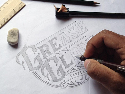 Grease And Glory Barbershop apparel brand calligraphy details hand lettering high details lettering merch pencil sketch typography