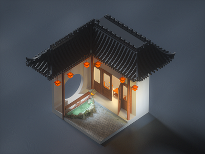 Chinese garden in the still of the night 3d art