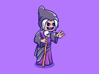 Cute old witch with skull stick cartoon character flat design illustration magic magician sorcerer witch wizard
