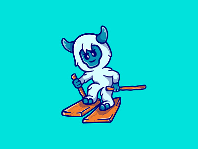 Cute yeti skiing on ice illustration