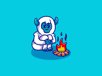 Cold cute yeti illustration abominable ape bigfoot camp campfire cartoon character cold design fire illustration logo mascot monster yeti