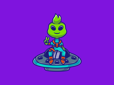 Cute alien sitting on spaceship alien astro astronaout cartoon character cosmic cosmonaut cosmos design illustration logo mascot monster spaceship