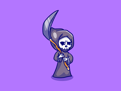 Cute grim reaper illustration holding a scythe avatar branding cartoon character cute design game game character game design grim grm reaper halloween illustration logo mascot monster reaper scary vector