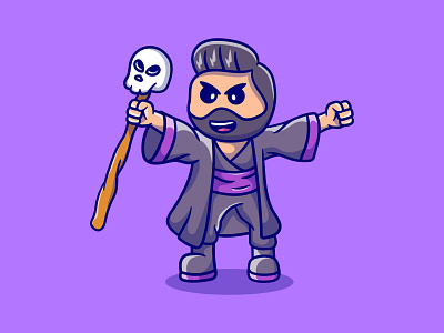 Cute sorcerer with skeleton stick avatar branding cartoon character cute cute avatar cute character design game character game design halloween illustration logo magician mascot scary sorcerer vector witch wizard