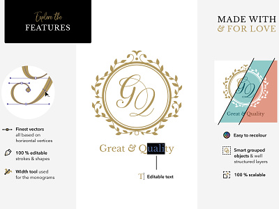 Made with & for love (the features) calligraphy editable elegant floral frame get married gold handcrafted handmade initials leaves logo marry monogram script traditional typography vector wedding wedding monogram