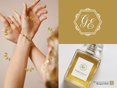 The perfect branding toolkit beauty calligraphy cosmetics elegant floral gold hexagon initials leaves logo design logofont monogram monogram font packaging perfume script