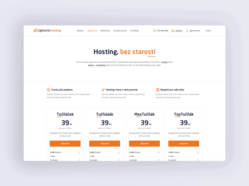 Igloonet – Hosting Landingpage czech design igloonet light orange pricing pricing page typography ui web webdesign website white whitespace