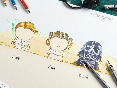 Starwars Mini's character design darth vader drawing illustration luke skywalker princess leia sketching starwars