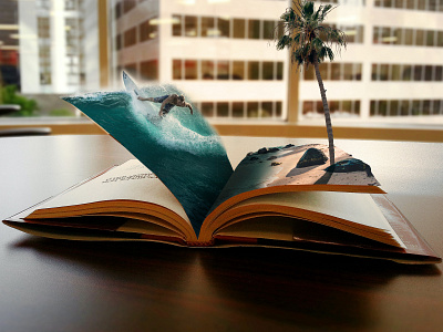 A photo composite of a surfer and the beach on the book pages.