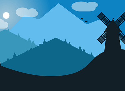 A windmill in the moonlit night clear night cloud patches clouds colors colours graphic design illustration luminous luminous night moonlit night mountains mountains illustration nature illustration night night time the moon vector art vector artwork vector illustration windmill