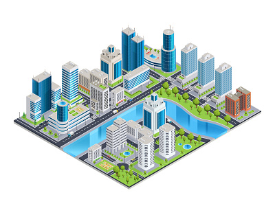 Isometric city 3d building city cityscape composition isometric landscape park river skyscrape vector