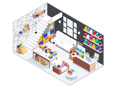 Isometric concept of the bookstore interior. 3d book bookstore concept design infographic interior isometric library room shop vector