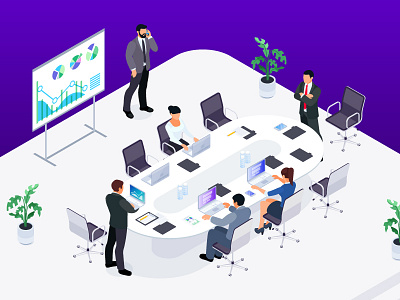 Isometric concept of a business meeting 3d business computer concept isometric meeting money people phone room vector
