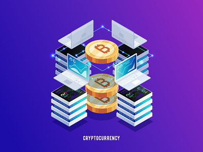 Isometric concept cryptocurrency 3d blockchain computer concept cryptocurrency currency dollars gradient isometric money vector vivid