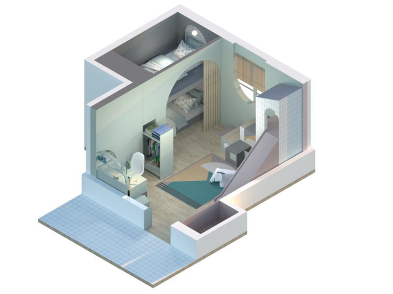 #45 desk bed colour sketch bedroom arquitectura interiorism architecture axonometric render