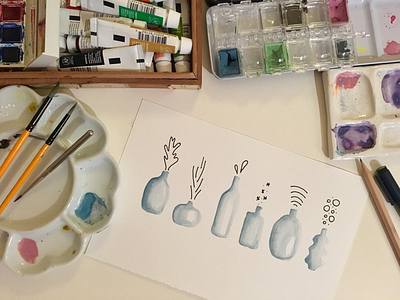 Bottles.- blue desk handmade watercolor watercolor