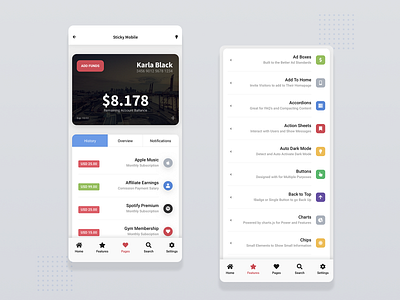 Sticky Mobile | Introducing Full RTL Support app card card design components dark mode dark ui footer design footer menu footer nav light ui mobile app mobile template mobile ui rtl rtl ui sticky sticky nav wallet page web app webdesign