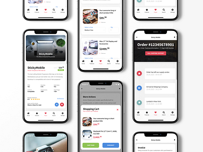 Sticky Mobile 3.0 | E-Commerce Ready Pages actions cart checkout page cms design ecommerce ecommerce design ecommerce shop footer menu invoice design mobile modal box online shop product page review shopping cart store timeline tracking page ui