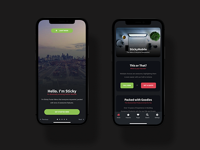 Sticky Mobile - Dark Mode On! | Mobile Kit & PWA app app design bootstrap card layout dark dark app dark mode dark theme dark ui darkmode design footer menu footer menu design highlight colors landing page loght mode mobile app pwa ui walkthrough page