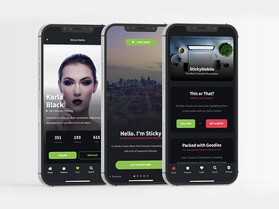 Sticky Mobile | Bootstrap Based Mobile Site Template & PWA app design bootstrap bootstrap template call to action dailyui dark mode dark ui footer menu design green button landing page design landing page ui mobile app mobile design mobile ui profile page pwa ui ui ux uiux web app