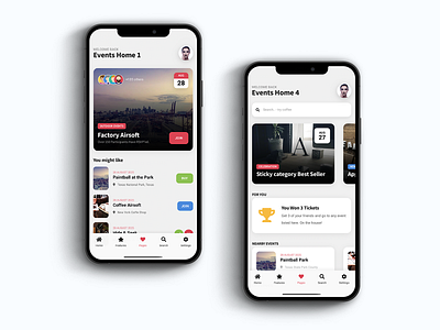 Sticky Mobile | Event Pack for Apps and Mobile Websites or PWAs app app design big title carousel categories events events app events ui footer menu homepagedesign huge title ios ios design mobile mobile app modern app pwa search bar title design ui