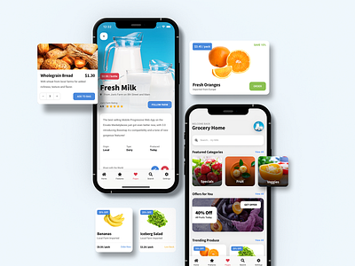 Sticky Mobile - Grocery Pack Available | Mobile Kit & PWA app design card design carousel checkout page food app food app ui grocery app grocery store ios ios app design mobile app mobile application mobile ui product page pwa ui uidesign ux vibrant colors web app design
