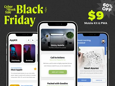 Black Friday - 60% Discount on Mobile Kits and PWAs android app app design application design application template best seller black friday creative design cybermonday design discount envato market ios iphone mobile mobile kit offer progressive web app sidebar ui