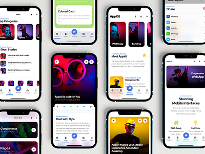 AppKit Mobile | Multipurpose Mobile Kit, PWA and App Template android app article app article design card based layout daily ui design event app footer menu design glass efect ios iphone mobile mobile kit mobile website design news app pwa sidebar ui web app design