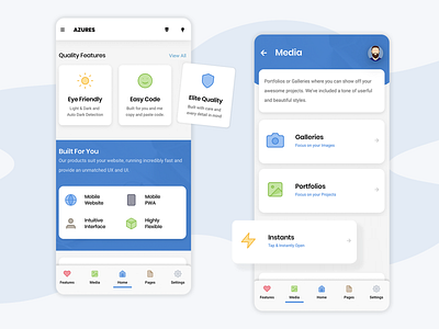 Azures | Mobile Template & PWA boxed colourful design feature list footer footer design galleries html icons instant articles media media page mobile mobile template mobile ui portfolios pwa ui uiux ux