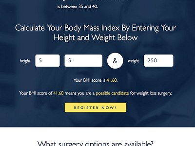 Bariatric Surgery BMI Calculator - Register Call to Action action button calculator calltoaction conversion cta field form height landing landingpage weight