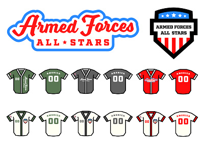 Armed Forces All-Stars apparel armed forces athletic athletics badge baseball bat branding clothing color color pallet homerun icon jersey logo pallet run sports uniform wordmark