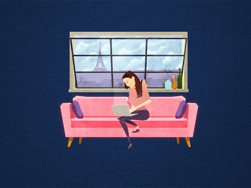 French Girl on Laptop after effects animation cameron clark character design couch french girl illustration illustrator motion paris sofa